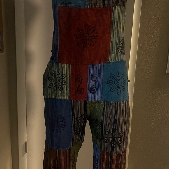 NWT patchwork overalls by windhorse adjustable size boho style pants - Picture 2 of 13